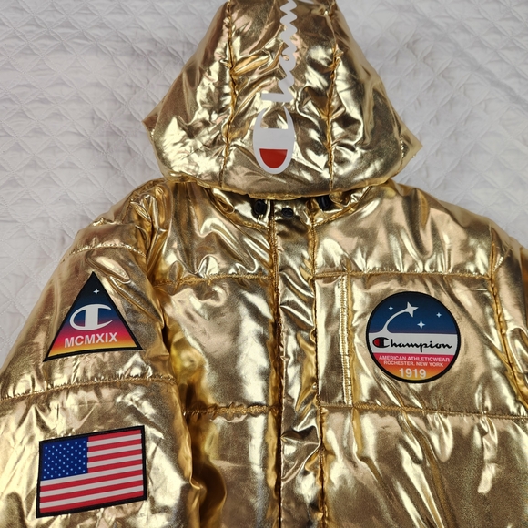 Champion x NASA Gold Metallic Hooded Puffer Jacket - Men's Size Large L - Picture 4 of 11